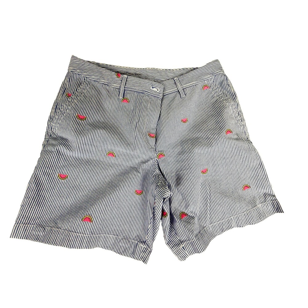 Talbots Girlfriend Chino Shorts Womens 8 Blue White Stripe Watermelon Embroidere